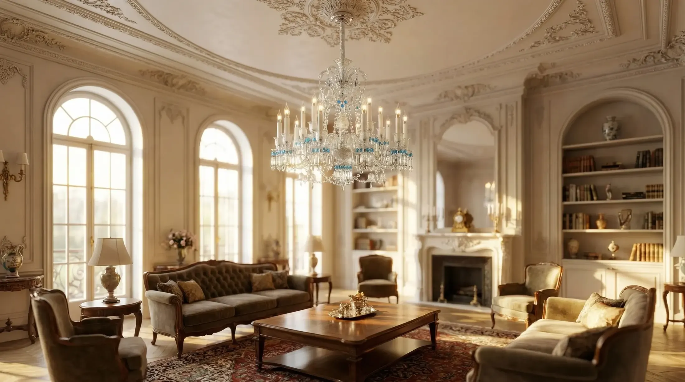 A classical salon lit by a crystal chandelier