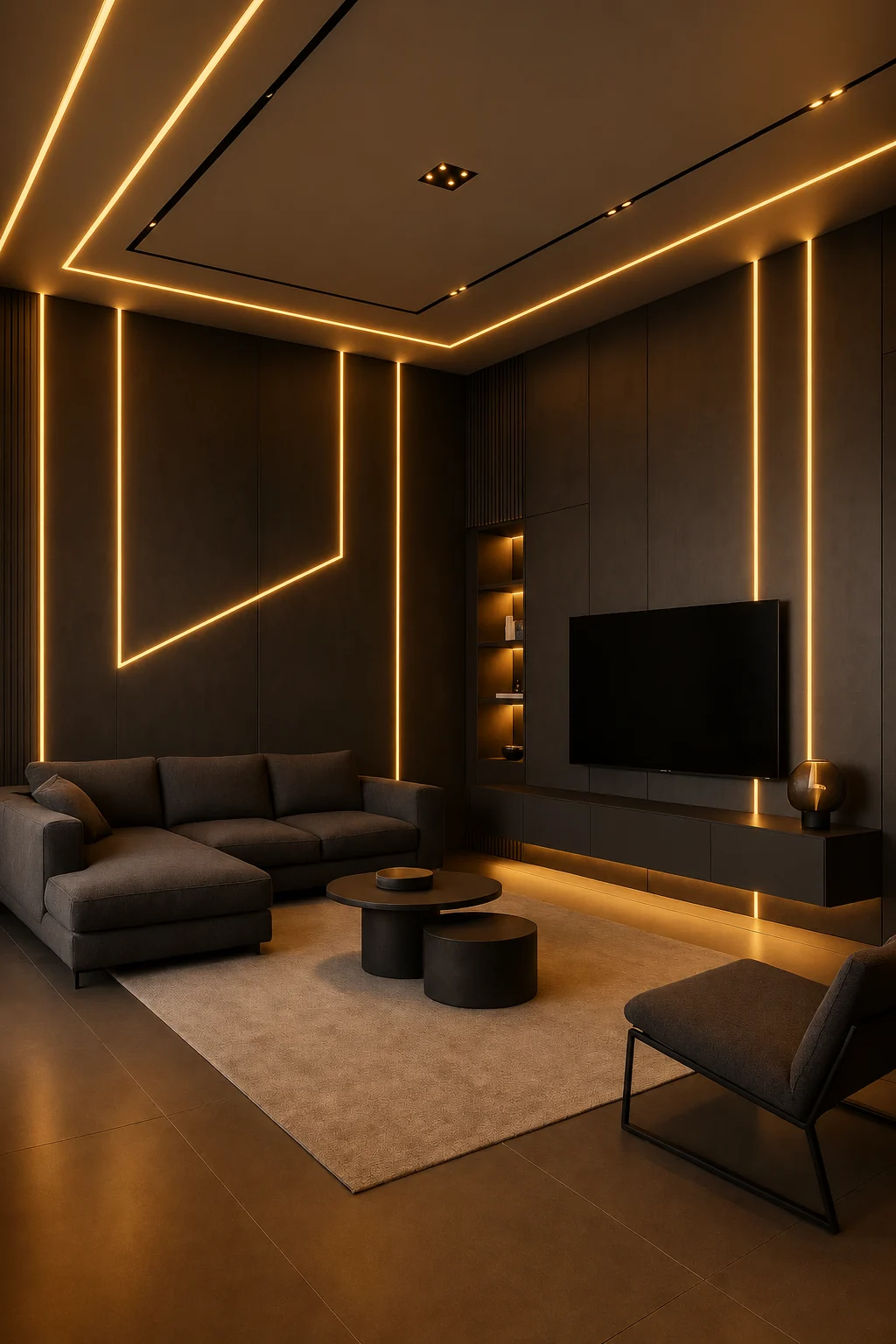 A dark living room traced with warm LED lines
